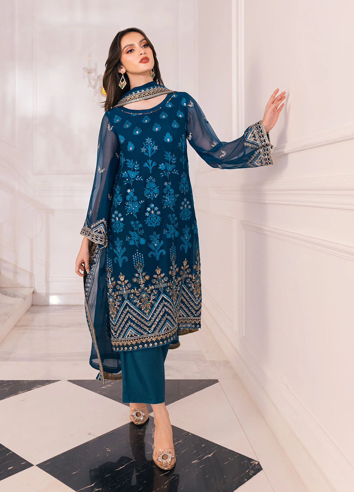 Savoir By Sahane Pret Embroidered Chiffon 3 Piece Suit CT-140005 Girasol - Festive Collection