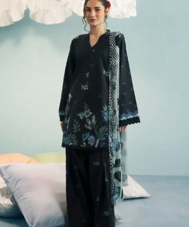 BlackPrintedLawnShirt ChiffonDupatta CottonFarshiShalwar 01