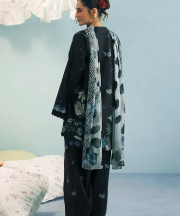 BlackPrintedLawnShirt ChiffonDupatta CottonFarshiShalwar 09